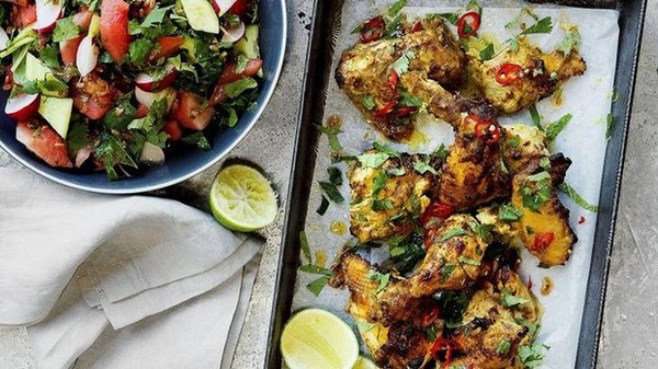 Chilli-glazed chicken and watermelon, spelt and radish salad