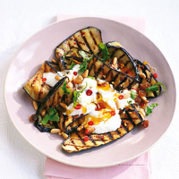 Chilli-griddled aubergines with goat's yogurt sauce