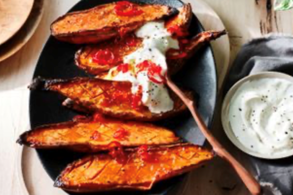 Chilli honey caramelised sweet potato with sour cream
