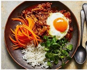 Chilli-miso beef rice bowl with a fried egg