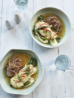 Chilli poached chicken with sesame soba noodles