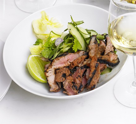 Chilli pork with cucumber, lime and coriander
