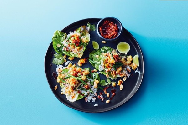 Chilli prawn larb lettuce cups