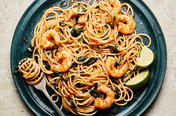 Chilli prawn pasta with coriander, spinach & lime