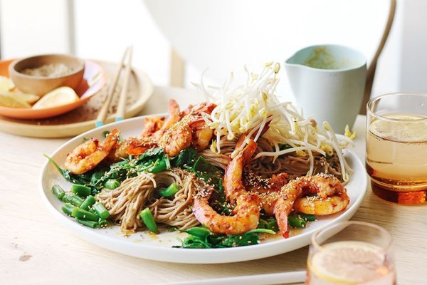 Chilli prawn, sesame spinach and soba noodles