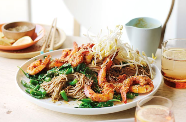 Chilli prawn, sesame spinach and soba noodles