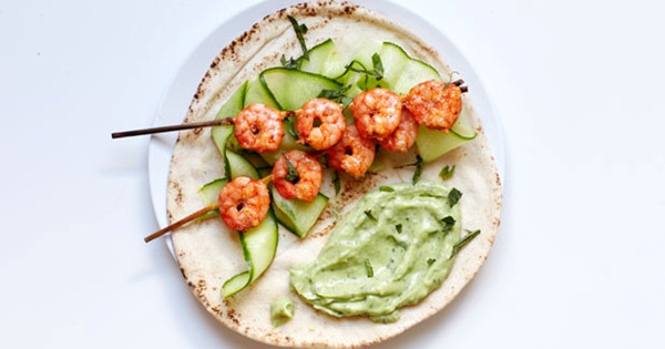 Chilli prawns with avocado cream