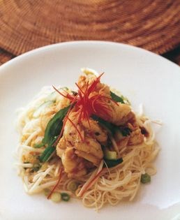 Chilli prawns with somen noodles and bean sprouts