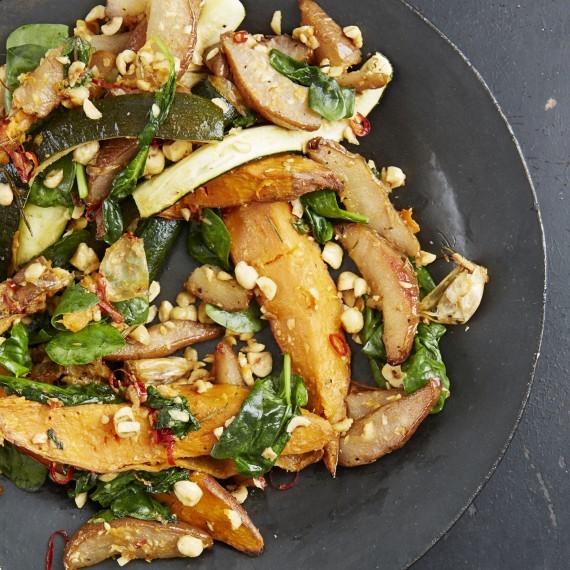 Chilli-roast sweet potato, courgettes, roast garlic, hazelnuts and pears