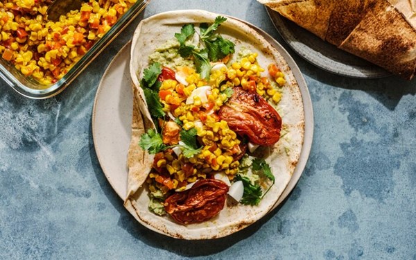 Chilli roast tomato, avocado and egg wraps with toasted corn relish