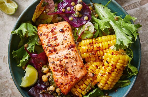 Chilli-roasted salmon & corn rib salad bowl