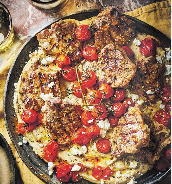 Chilli-spiced lamb chops with aubergine cream & blistered tomatoes