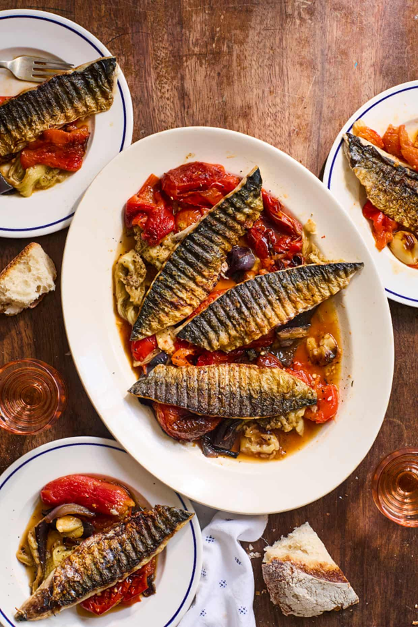 Chilli-spiked escalivada with fried mackerel