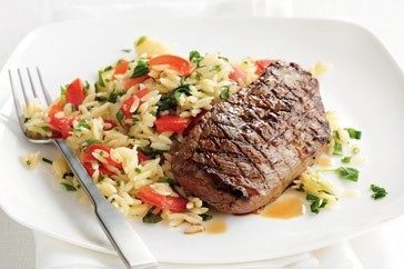 Chilli steaks with risoni salad