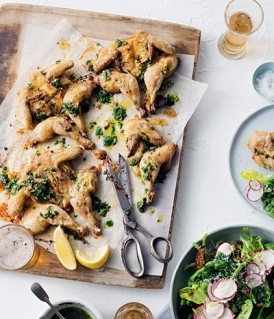Chimichurri spatchcocks with radish & cos salad