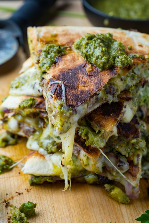 Chimichurri steak quesadillas with avocado chimichurri