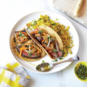 Chimichurri steak tacos with pickled vegetables