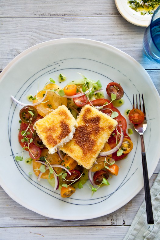 Chimichurri tomato with panko crusted halloumi