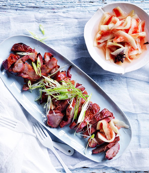 Chinese barbecue pork with pickled watermelon rind