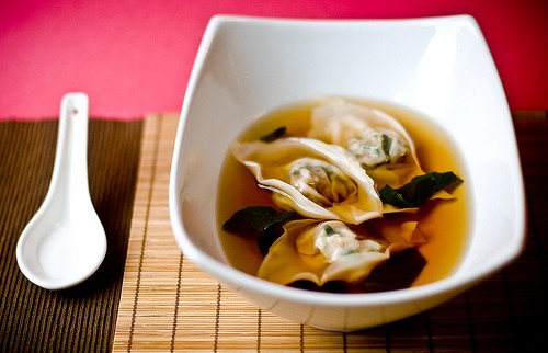 Chinese broccoli wontons in a ginger-soy broth