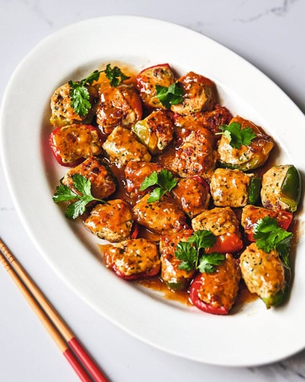 Chinese chicken, prawn and lap cheong stuffed peppers 