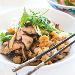 Chinese chicken with ham, prawns, sticky rice and pickled vegetables