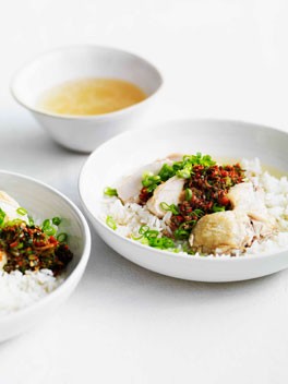 Chinese chicken with soupy rice, ginger and spring onion dressing