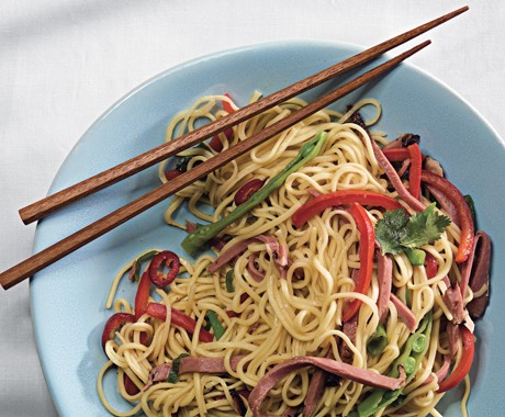 Chinese egg noodles with smoked duck and snow peas