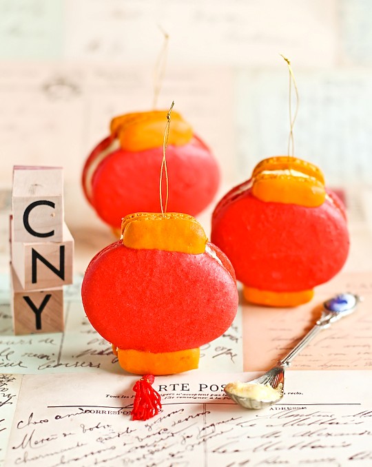Chinese lantern macarons with jackfruit buttercream