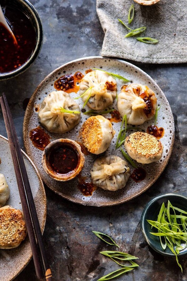 Chinese mushroom dumplings with sweet chili ginger sesame sauce