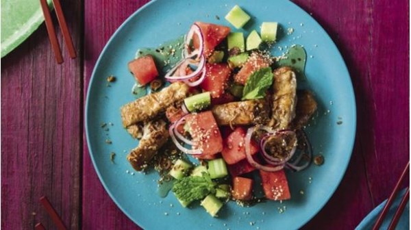 Chinese roast duck and watermelon salad with sticky rice
