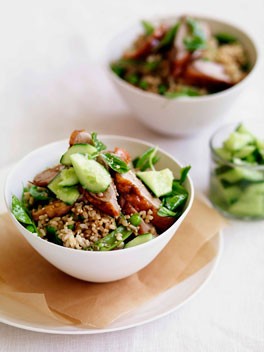 Chinese roast duck with brown rice, peas and cucumber
