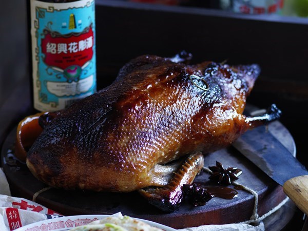 Chinese roast duck with spring onion pancakes