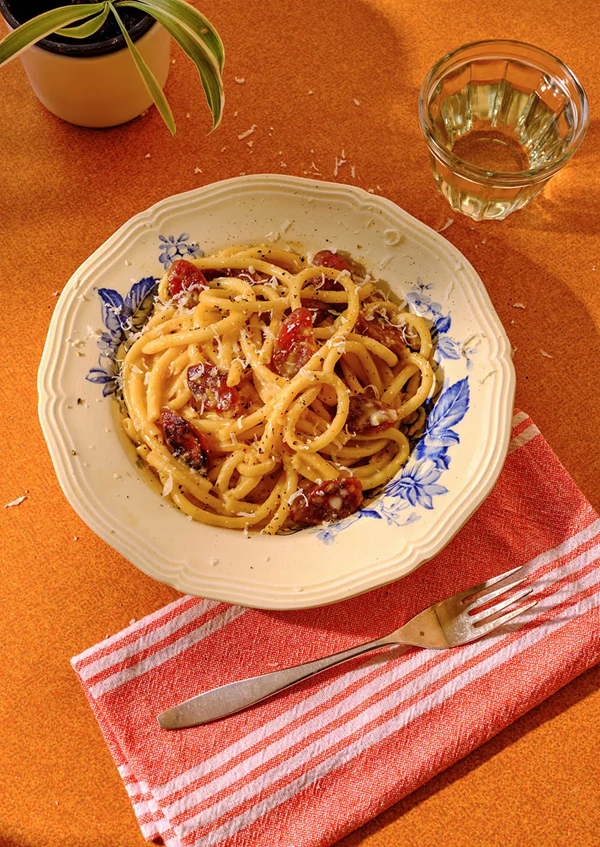 Chinese sausage bucatini carbonara