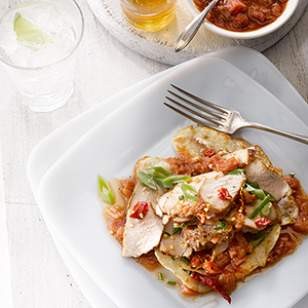 Chinese seared pork with five-spice rhubarb sauce