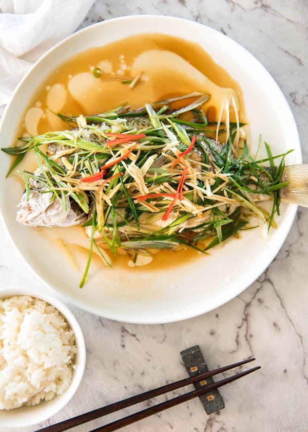 Chinese steamed fish with ginger shallot sauce