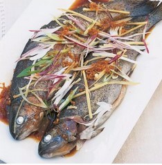 Chinese steamed trout with ginger and spring onions
