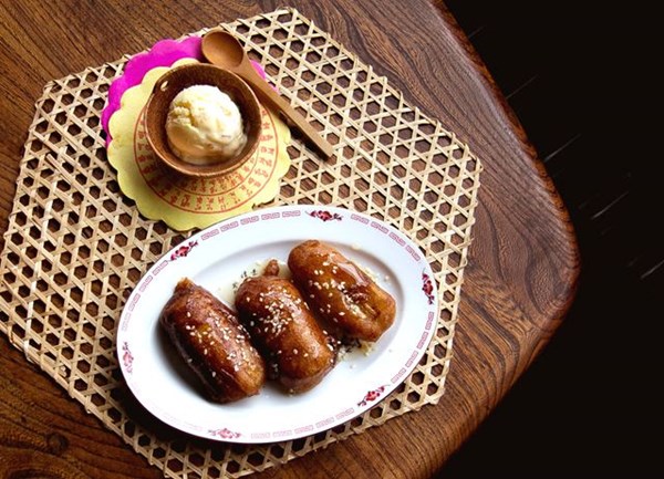 Chinese-style banana fritters with ginger ice cream