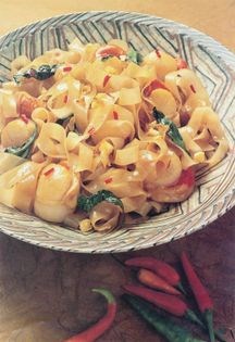 Chinese-style rice noodles with scallops and basil