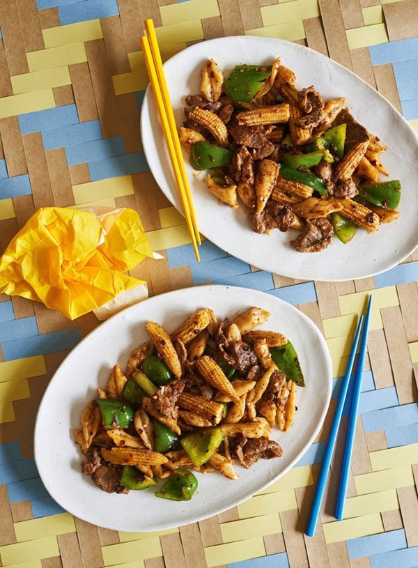 Chinese-style scissor noodles with lamb, corn, green capsicum and chilli sauce