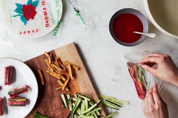 Chinese tofu "duck" and plum sauce rolls