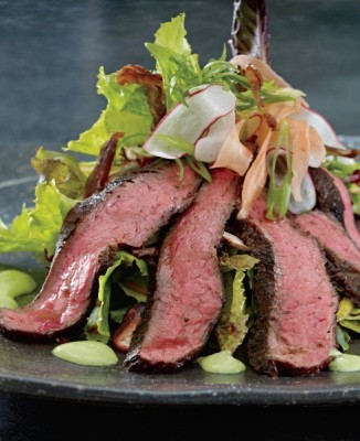 Chinois grilled London broil salad with cilantro-mint-yogurt dressing