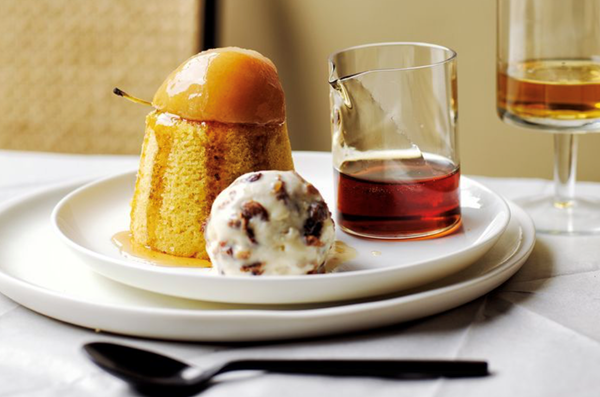 Chinotto puddings, poached pear and Zanzibar gelato