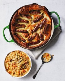 Chipolata toad-in-the-hole with creamed butternut squash 