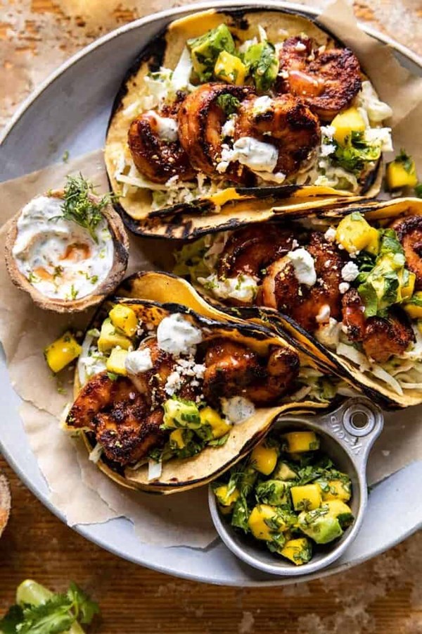 Chipotle BBQ shrimp tacos with creamy ranch slaw