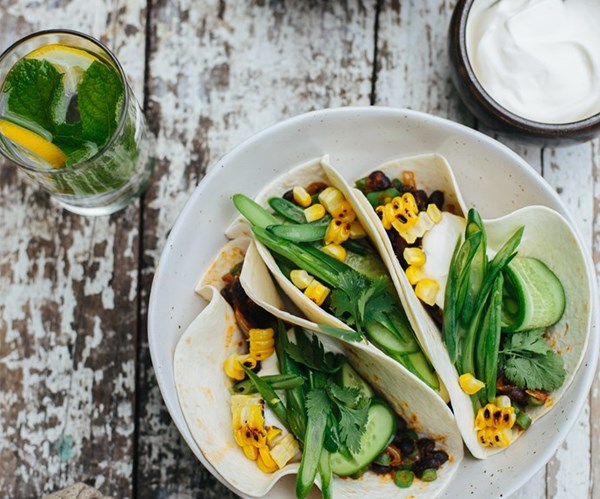 Chipotle bean tacos with pickled green beans & cucumber