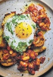Chipotle beans on toast with crispy coriander eggs