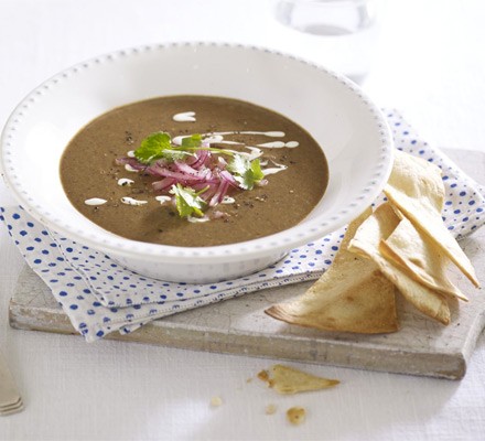 Chipotle black bean soup with lime pickled onions