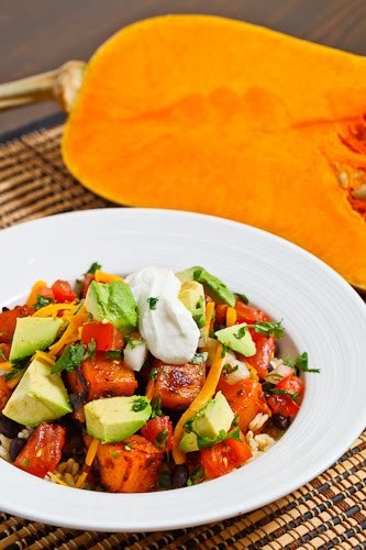 Chipotle butternut squash and black bean burrito bowl