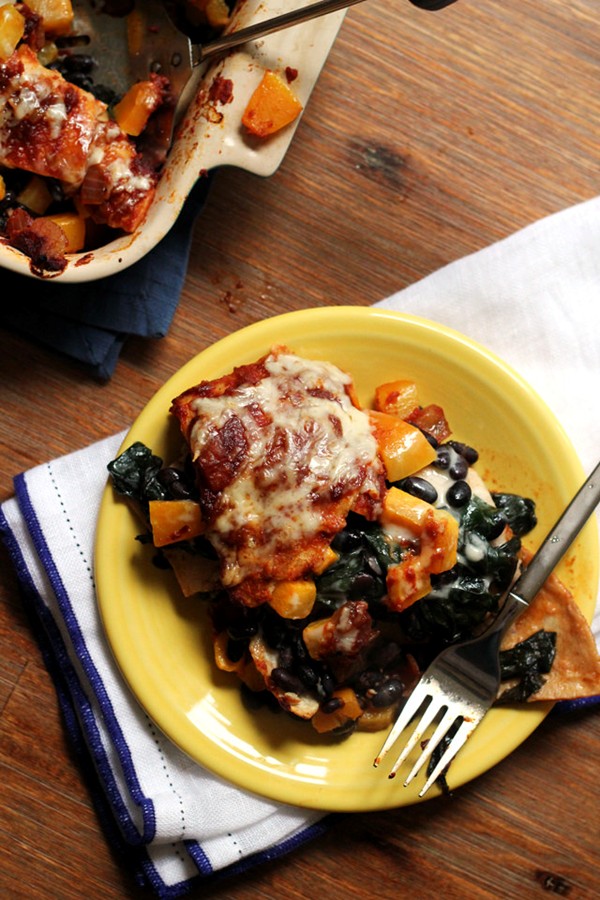 Chipotle butternut squash and Swiss chard enchilada casserole
